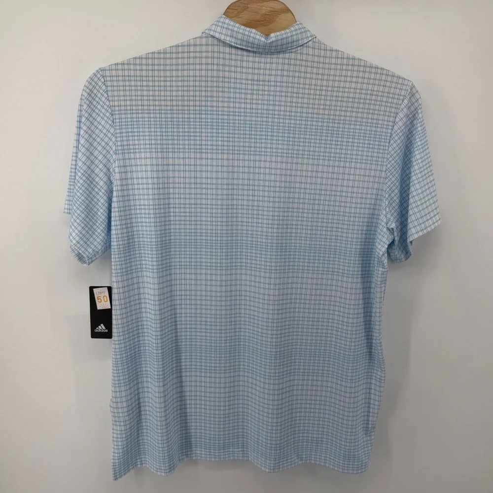 Adidas Golf Polo Mens 2XL White Blue Plaid Ultimate Print ADVR0845 UPF 50